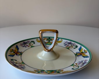 Plato antiguo Noritake con asa / Plato con asa dorada y motivo de pájaro / Plato pequeño de porcelana japonesa