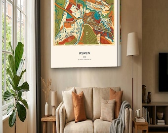 Aspen Map Canvas | Custom Ski Town Map in Vintage Travel Poster | Aspen CO Wall Art Gift