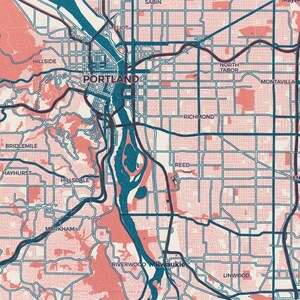 May include: A detailed map of Portland, Oregon, in a vintage style. The map features a color scheme of coral and teal, with city streets and the Willamette River clearly marked. Neighborhood names like Hillsdale and Richmond are visible.