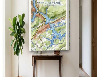Deep Creek Lake Map Canvas | Custom Lake House Map in Watercolor | Deep Creek Lake MD Wall Art Gift