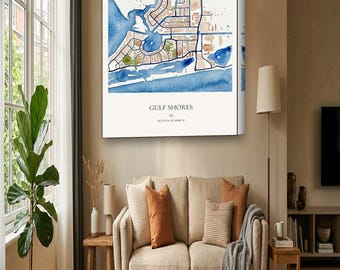 Gulf Shores Map Canvas | Custom Beach House Map in Watercolor | Gulf Shores AL Wall Art Gift