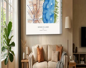 Seneca Lake Map Canvas | Custom Lake House Map in Watercolor | Seneca Lake NY Wall Art Gift