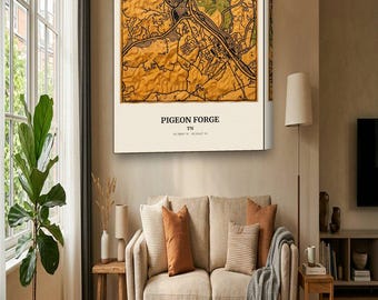 Pigeon Forge Map Canvas | Custom Mountain Town Map in Woodcut | Pigeon Forge TN Wall Art Gift