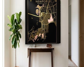 Newport Map Canvas | Custom Beach House Map in Gold Foil | Newport RI Wall Art Gift