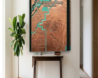 Jackson Hole Map Canvas | Custom Ski Town Map in Copper Patina | Jackson Hole WY Wall Art Gift