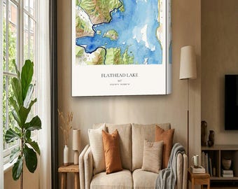 Flathead Lake Map Canvas | Custom Lake House Map in Watercolor | Flathead Lake MT Wall Art Gift