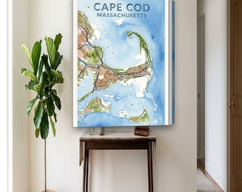 Cape Cod Map Canvas | Custom Beach House Map in Watercolor | Cape Cod MA Wall Art Gift