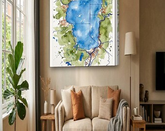 Lake Tahoe Map Canvas | Custom Lake House Map in Watercolor | Lake Tahoe CA Wall Art Gift