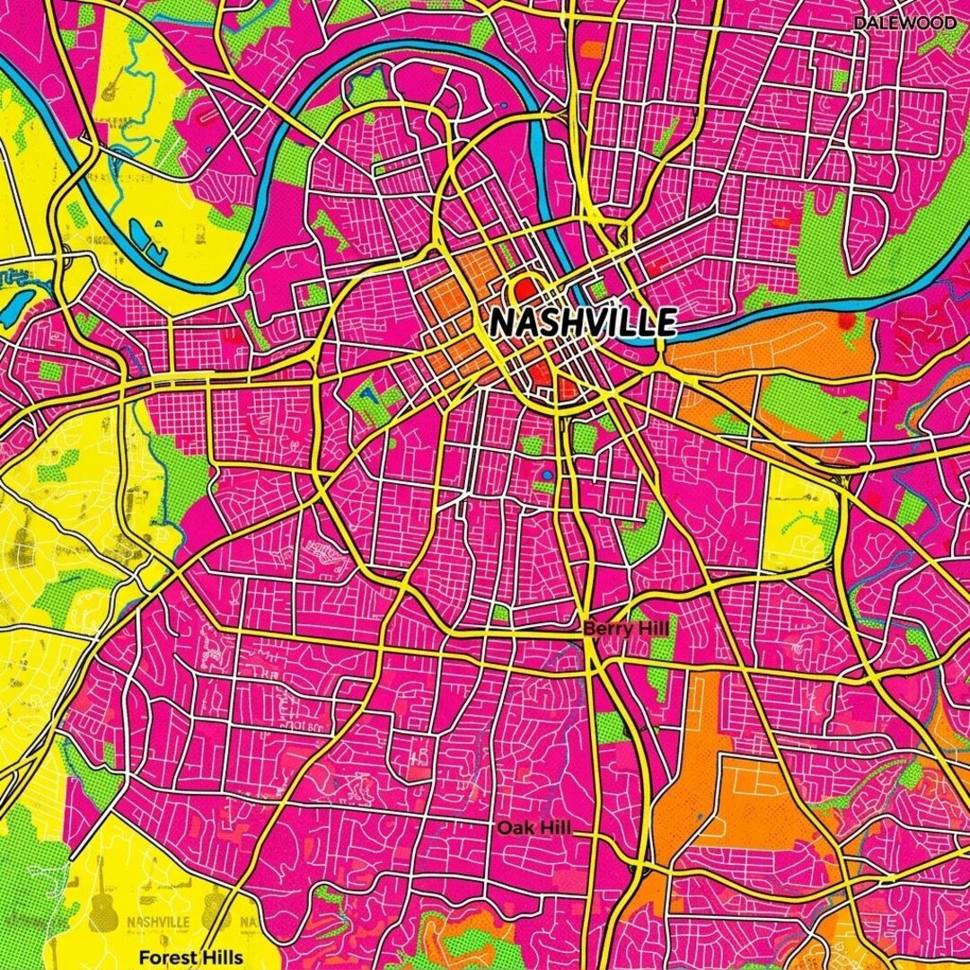 Map Pop Nashville Map Print Pop Art Custom City Poster Colorful Music City Wall ...