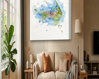 Nantucket Map Canvas | Custom Beach House Map in Watercolor | Nantucket MA Wall Art Gift