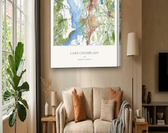 Lake Champlain Map Canvas | Custom Lake House Map in Watercolor | Lake Champlain VT Wall Art Gift