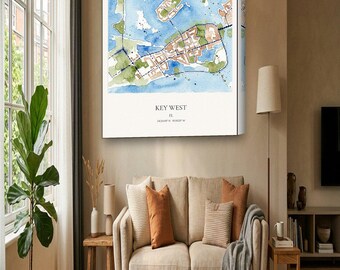 Key West Map Canvas | Custom Beach House Map in Watercolor | Key West FL Wall Art Gift