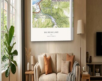 Big Bear Lake Map Canvas | Custom Lake House Map in Watercolor | Big Bear Lake CA Wall Art Gift