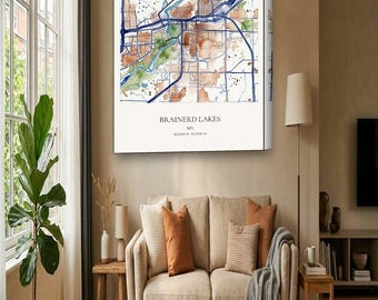 Brainerd Lakes Map Canvas | Custom Lake House Map in Watercolor | Brainerd Lakes MN Wall Art Gift