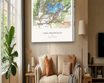 Lake Arrowhead Map Canvas | Custom Lake House Map in Watercolor | Lake Arrowhead CA Wall Art Gift