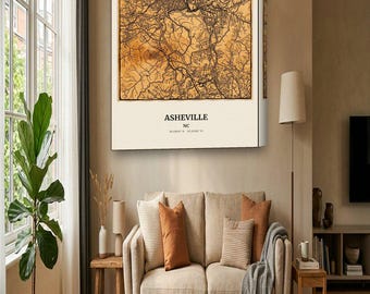 Asheville Map Canvas | Custom Mountain Town Map in Woodcut | Asheville NC Wall Art Gift