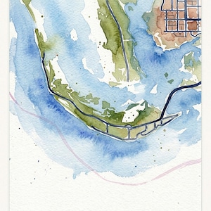 May include: A watercolour map print of Sanibel Island, Florida. The artwork shows the island's shape, roads, and surrounding waters in blue, green, and brown. The text "SANIBEL ISLAND FLORIDA" is at the top. The coordinates 26.4637° N 82.1096° W are at the bottom.
