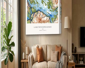 Lake Winnipesaukee Map Canvas | Custom Lake House Map in Watercolor | Lake Winnipesaukee NH Wall Art Gift