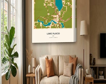 Lake Placid Map Canvas | Custom Ski Town Map in Vintage Travel Poster | Lake Placid NY Wall Art Gift