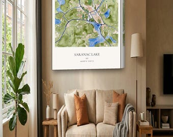 Saranac Lake Map Canvas | Custom Lake House Map in Watercolor | Saranac Lake NY Wall Art Gift
