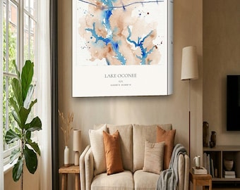 Lake Oconee Map Canvas | Custom Lake House Map in Watercolor | Lake Oconee GA Wall Art Gift