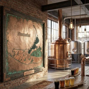 May include: A copper map of Nantucket Island, framed in dark wood, hangs on a brick wall. The map is detailed with green and brown accents. The interior features brewing equipment, a bar with beer samples, and hanging light bulbs.