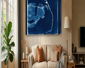 Outer Banks Map Canvas | Custom Beach House Map in Cyanotype | Outer Banks NC Wall Art Gift