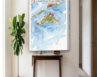 Martha's Vineyard Map Canvas | Custom Beach House Map in Watercolor | Martha's Vineyard MA Wall Art Gift