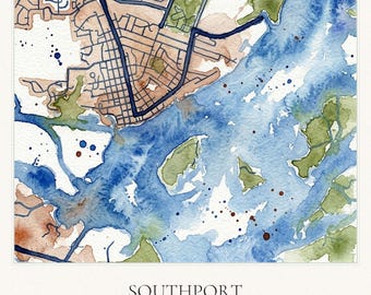 Southport NC Map Canvas or Print | Watercolor Style Wall Art | Beach House Christmas Gift