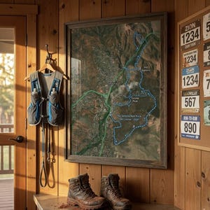 May include: A framed map of the Sedona Red Rock 50k Course 2024 hangs on a wood-paneled wall. A running vest with water bottles and a leash hang nearby. Brown hiking boots sit on a shelf below the map, with race bibs to the right.
