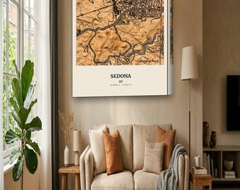 Sedona Map Canvas | Custom Mountain Town Map in Woodcut | Sedona AZ Wall Art Gift
