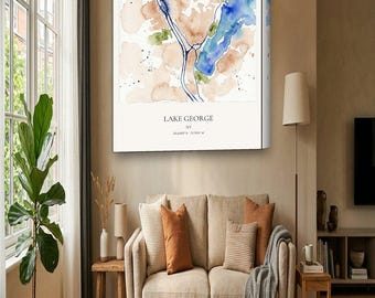 Lake George Map Canvas | Custom Lake House Map in Watercolor | Lake George NY Wall Art Gift
