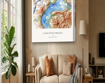 Lake Pend Oreille Map Canvas | Custom Lake House Map in Watercolor | Lake Pend Oreille ID Wall Art Gift