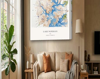 Lake Norman Map Canvas | Custom Lake House Map in Watercolor | Lake Norman NC Wall Art Gift