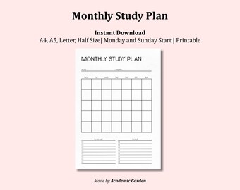 Monthly Student Planner Printable | A4, A5, Letter Size, Half Letter | Instant Download PDF