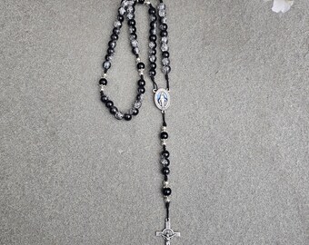 Handmade Black Rosary Beads with Saint Benedict Crucifix for Prayer and Devotion