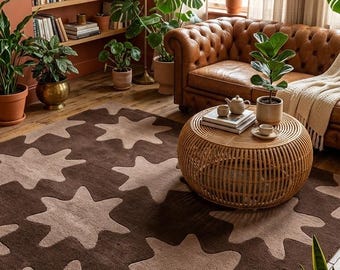 Brown Star Area Rug | Retro Chocolate Carpet | Thick Plush Wool Floor Mat | Eclectic Boho Y2K Decor for Cozy Living Room