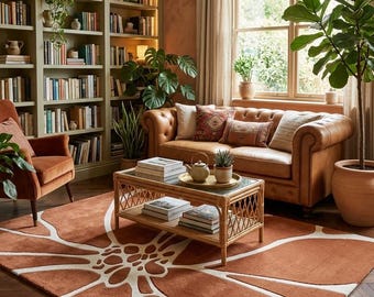 Hand Tufted Brown Geometric Rug | Cream Abstract Bauhaus Carpet | 3D Textured Area Mat | Earthy Boho Decor for Mid Century Living Room