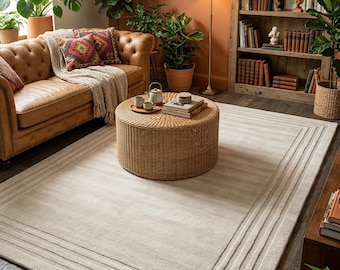 Beige Area Rug Carved Border Carpet Cream Minimalist Decor Hand Tufted Wool Neutral Bedroom