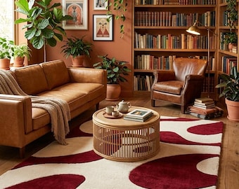 Red Abstract Area Rug | Cream Wavy Carpet | Thick Plush Wool Floor Mat | Modern Organic Boho Decor for Cozy Living Room