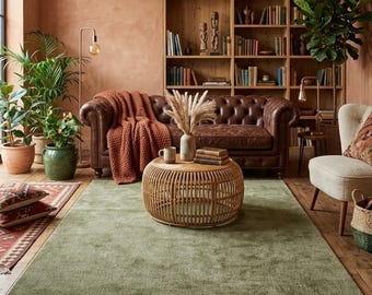 Olive Green Area Rug | Solid Sage Carpet | Thick Plush Wool Floor Mat | Modern Organic Boho Decor for Cozy Living Room