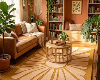 Mustard Yellow Area Rug | Retro Sunburst Carpet | Thick Plush Wool Floor Mat | Mid Century Modern Boho Decor for Living Room and Bedroom