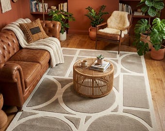 Hand Tufted Beige Geometric Rug | Taupe and Cream Circle Carpet | 3D Textured Area Mat | Neutral Boho Decor for Mid Century Living Room