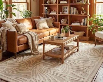 Cream Botanical Area Rug | Beige 3D Textured Leaf Carpet | Neutral Boho Decor for Living Room | Minimalist Hand Tufted Carved Mat