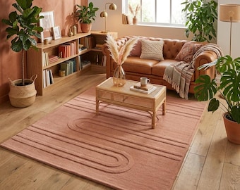 Handtufted Blush Pink Area Rug | 3D Carved Arch Geometric Carpet | Thick Plush Floor Mat | Modern Boho Room Decor for Living Room & Bedroom