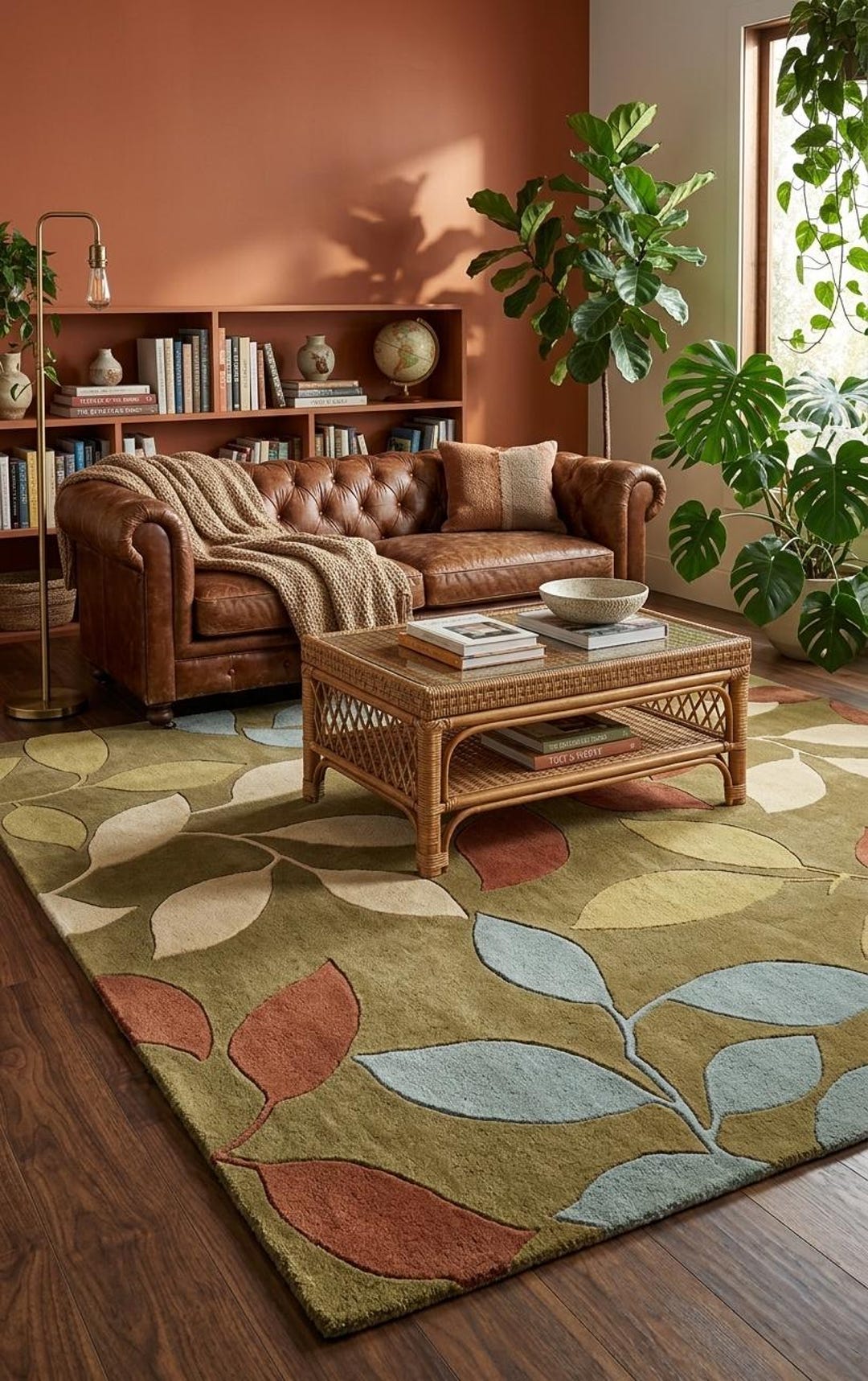 Hand Tufted Olive Green Leaf Rug | Multi Color Botanical Carpet | 3D ...