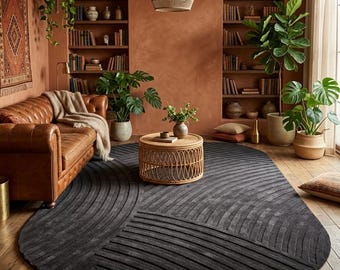 Dark Grey Oval Rug | Charcoal Area Carpet | Thick Plush Wool Floor Mat | 3D Textured Minimalist Decor for Moody Living Room
