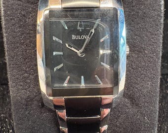 Vintage Bulova Classic Tank Style Wristwatch Stainless Steel and Black