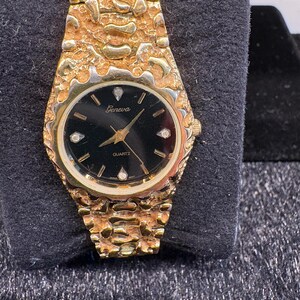 Hampden Women Quartz Goldtone Nugget Bracelet Watch Japan Movt New Battery Black 10k Yellow Gold Ladies Black Dial Rectangular Face Nugget  main image 4