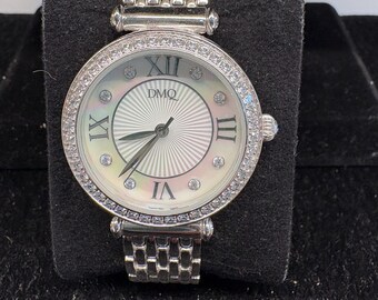 Vintage Ladies DMQ CZ Silver-Tone Quartz Wristwatch